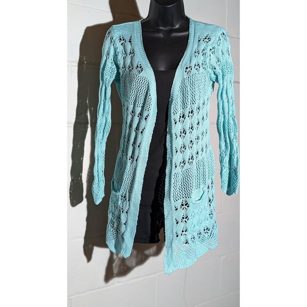 Crochet Knit Cardigan Duster Sweater Open Front Long Sleeve Aqua Blue Small